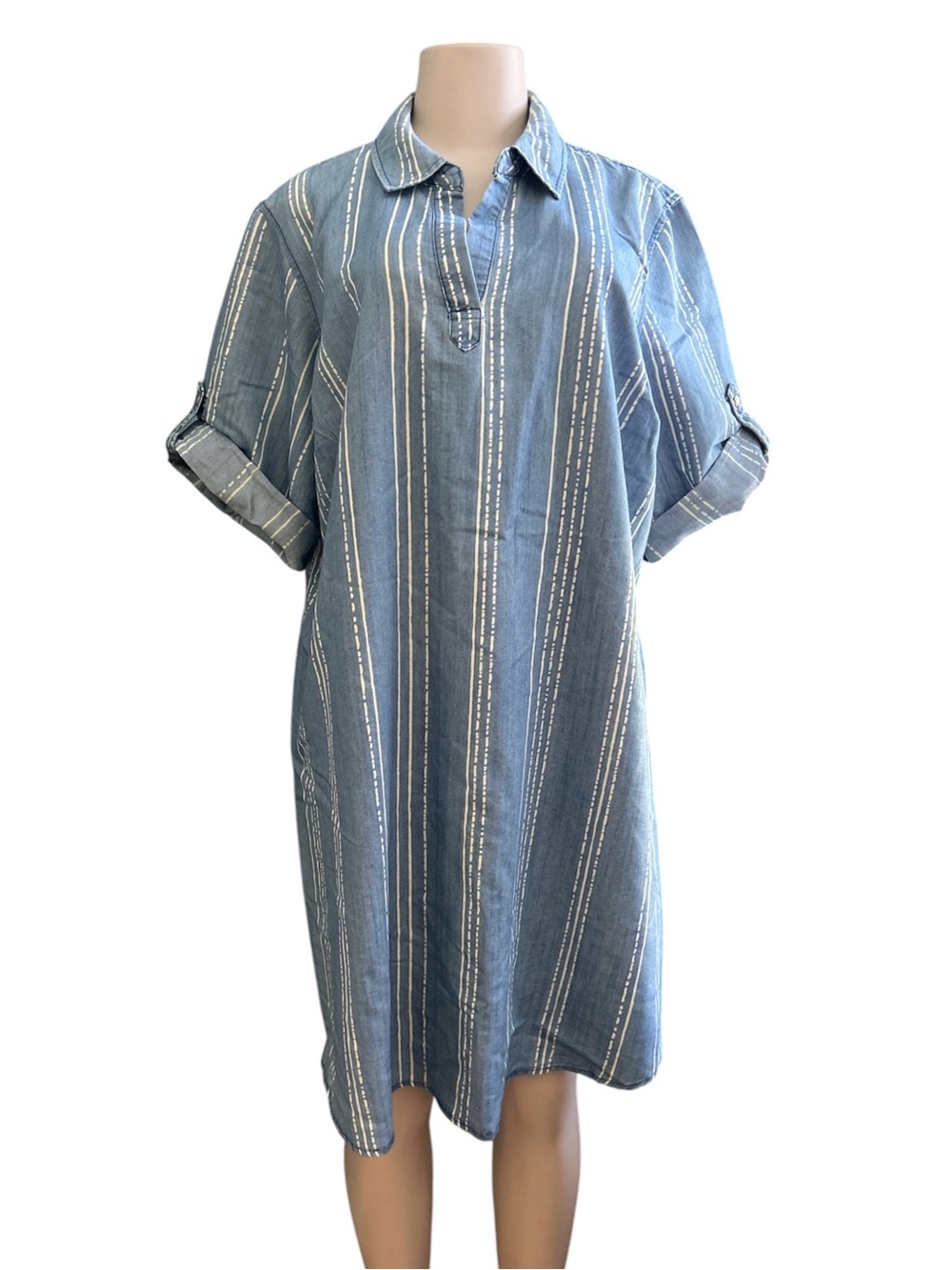 Given Kale Striped Blue Chambray Tunic with Split V Collar Plus Size 1X